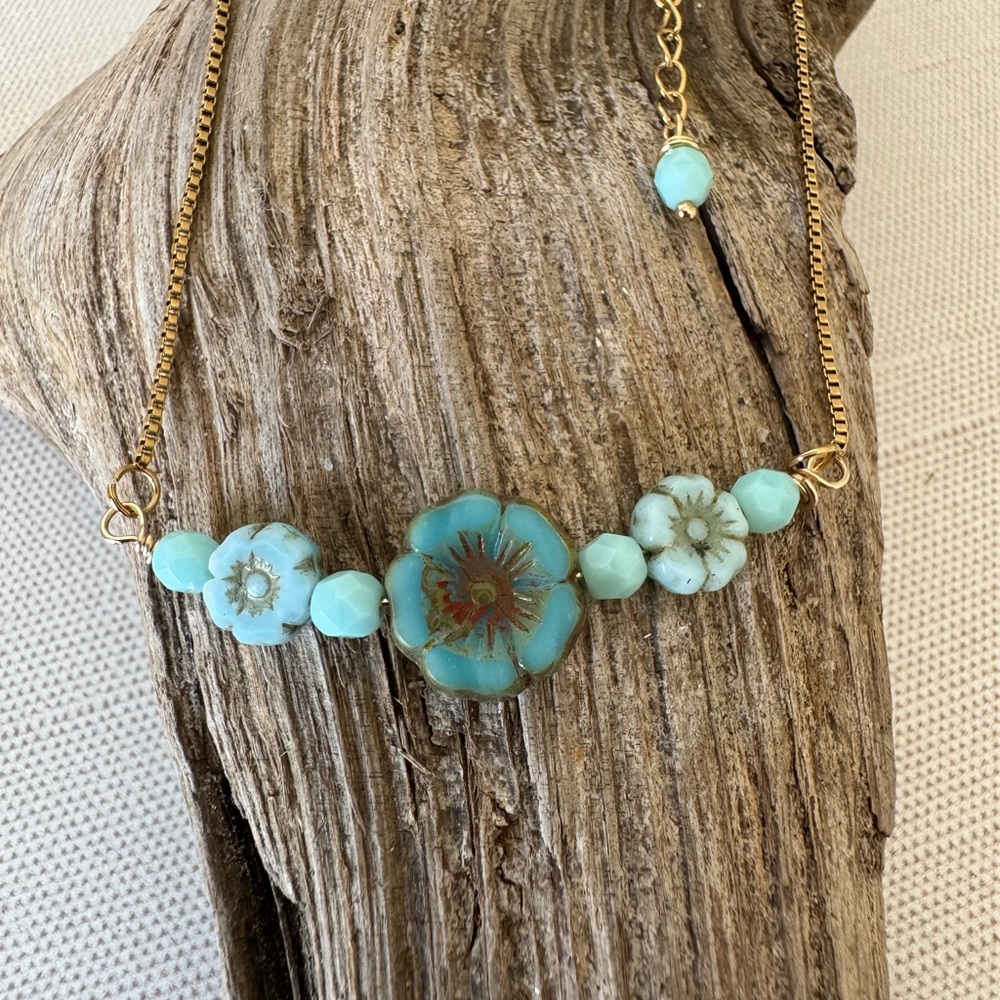 Elegant Gold and Blue Floral Necklace Czech Glass Flowers Gemstones Gold Chain